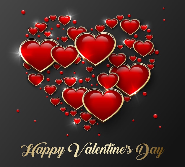 Vector happy valentines day greeting card with glossy red 3d heart in golden frame and light effect dark