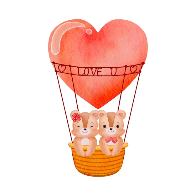 Vector happy valentines day greeting card with watercolor couple bears in hot air balloon vector