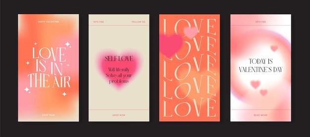 Happy valentines day greeting cards trendy gradients typography y2k social media stories