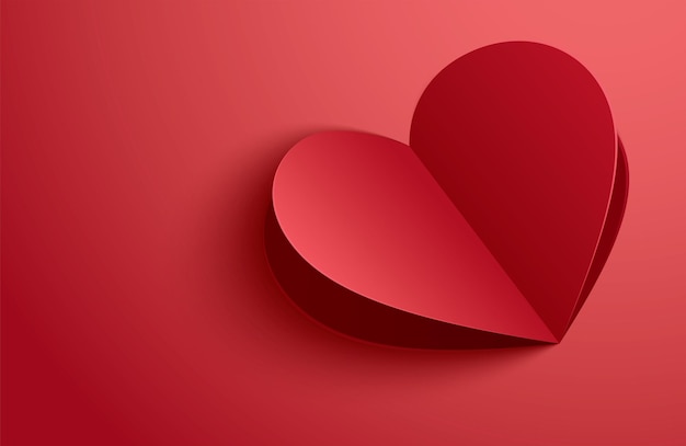 赤いパステル背景に紙のハートと幸せなバレンタインデーのグリーティングカード。