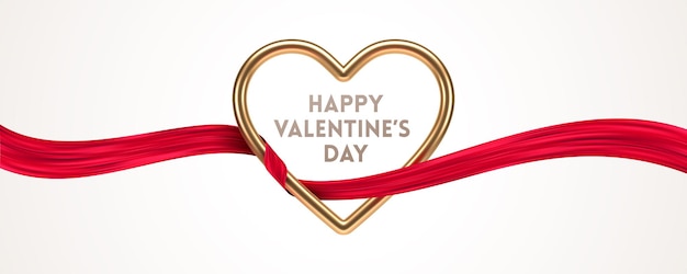 Vettore felice giorno di san valentino saluto. cuore realistico in metallo dorato e nastro rosso.