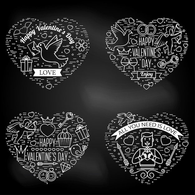 Happy Valentines Day greetings card labels badges or tattoo