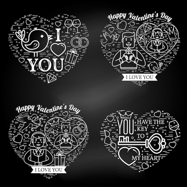 Happy Valentines Day greetings card labels badges or tattoo