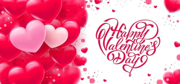 Happy Valentines Day hand belettering vector met een mooie achtergrond van 3D-harten vectorillustratie Tekst voor een kaart of uitnodiging