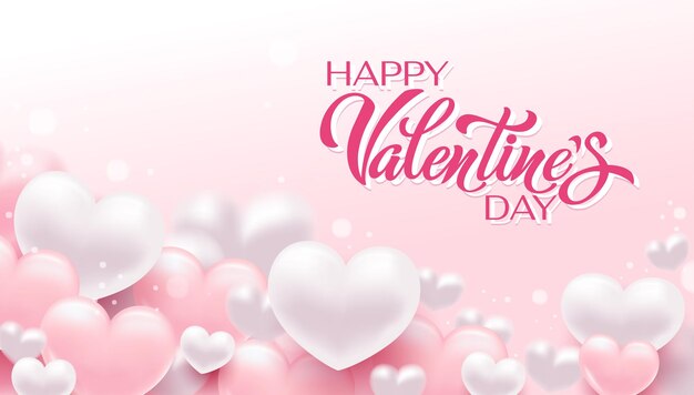 Happy valentines day hand belettering vector met een mooie achtergrond van 3d-harten vectorillustratie tekst voor een kaart of uitnodiging