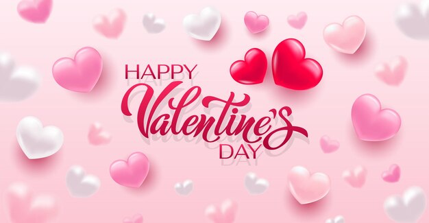 Happy Valentines Day hand belettering vector met een mooie achtergrond van 3D-harten vectorillustratie Tekst voor een kaart of uitnodiging