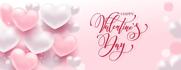 Happy Valentines Day hand belettering vector met een mooie achtergrond van 3D-harten vectorillustratie Tekst voor een kaart of uitnodiging