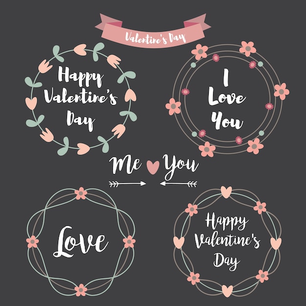 Happy Valentines Day Hand Drawing Set.Floral frame Типографские надписи на фоне классной доски