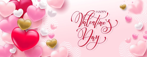 Happy valentines day hand lettering vector with a beautiful background of 3d hearts vector illustration text for a card or invitation