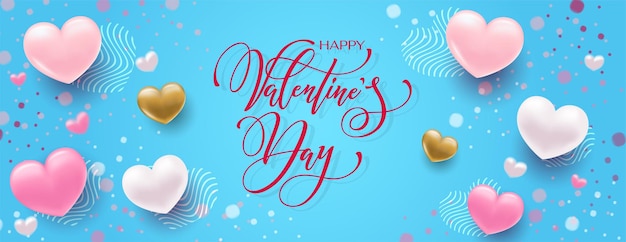 Happy Valentines Day hand lettering vector With a beautiful background of 3D hearts