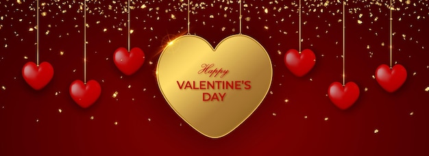 Happy valentines day horizontal banner with big golden heart and red 3d hearts on red background