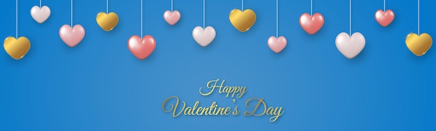 Happy valentines day horizontale banner met roze witte en gouden 3d harten op blauwe achtergrond