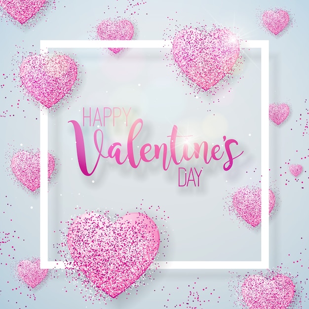 Happy Valentines Day Illustration with Pink Glittered Hearth on Shiny White Background.