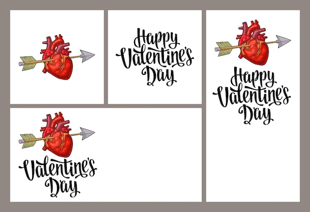 Happy Valentines Day kalligrafische handschrift letters en pijl doorboord het hart