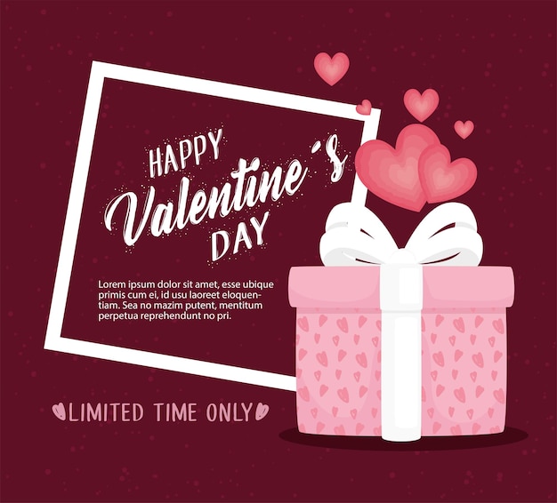 Vector happy valentines day lettering card with gift and hearts  illustration