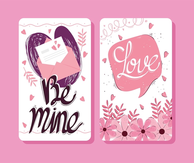 Happy valentines day lettering cards with speech bubble and envelope  illustration 