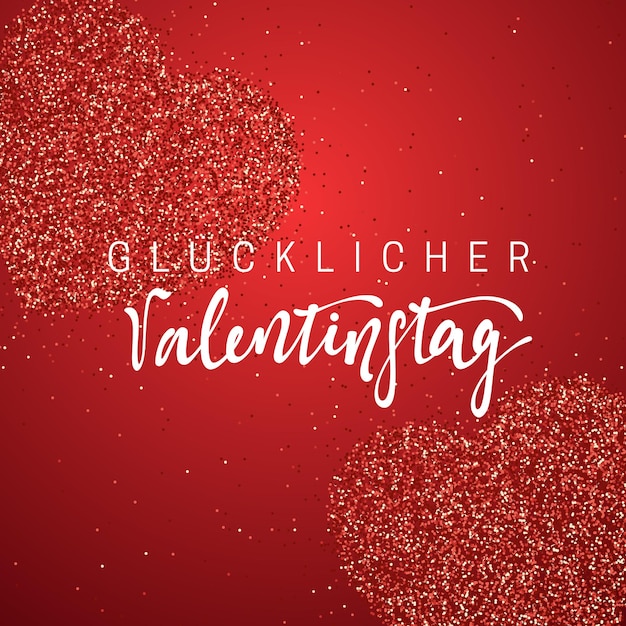 Vector happy valentines day. lettering german inscription handmade. glucklicher valentinstag. greeting card on red bright heart background. decoration for design of brochures, posters, web. world celebration