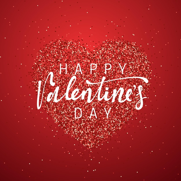 Happy Valentines Day lettering greeting card on red bright heart background. Festive banner and poster.