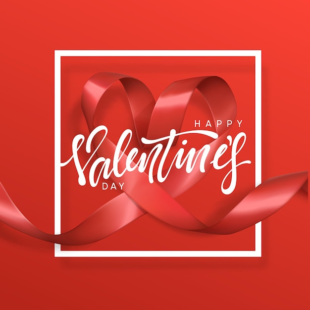 Happy Valentines Day lettering greeting card on red ribbon heart background. Festive banner and poster.