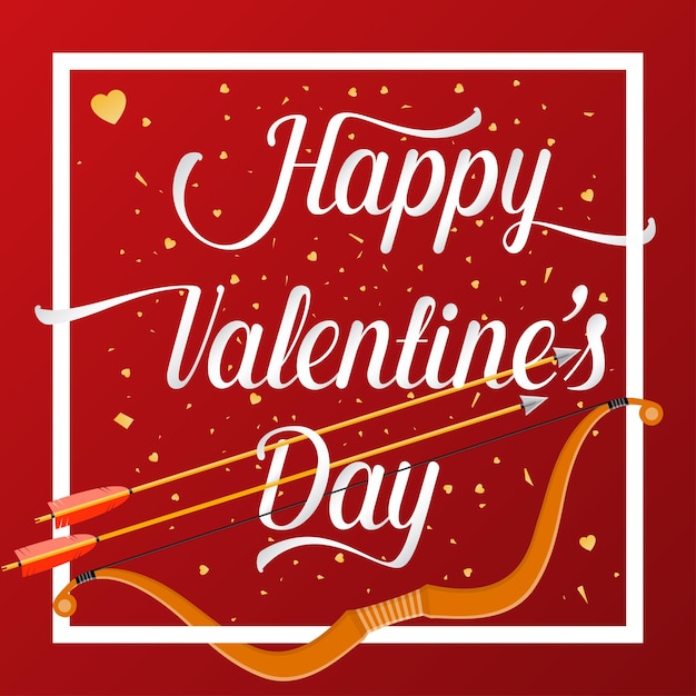 Happy Valentines Day lettering text with golden bow and arrow