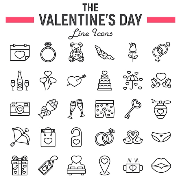 Happy valentines day line icon set, collezione di simboli,