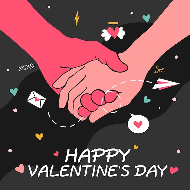Happy Valentines Day love contour hands of lovers cute stickers on a card