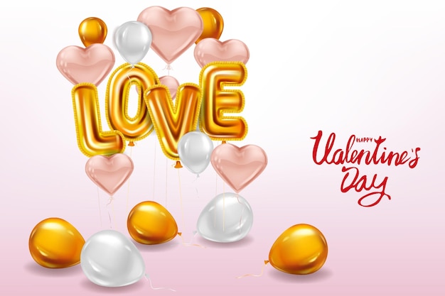 Happy valentines day, love gold helium metallic glossy balloons realistic text, heart shape flying pink balloons