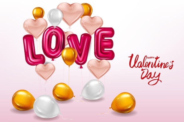 Happy valentines day, love helium metallic glossy balloons realistic text, heart shape flying pink balloons