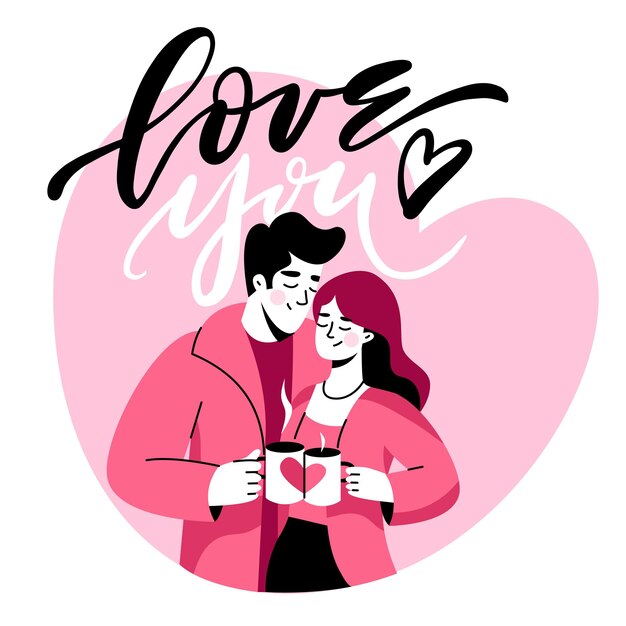 Vector happy valentines day a man and a woman drink coffee tea and confess their love a couple in love