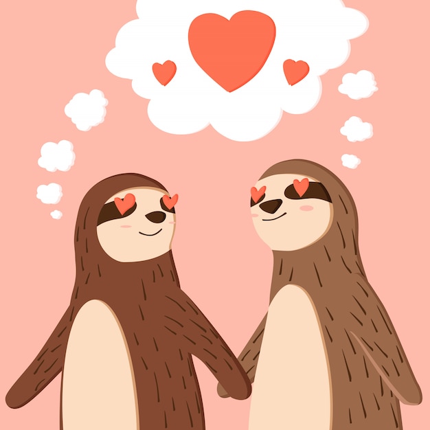 手を繋いでいるカップルナマケモノの幸せなバレンタインデー