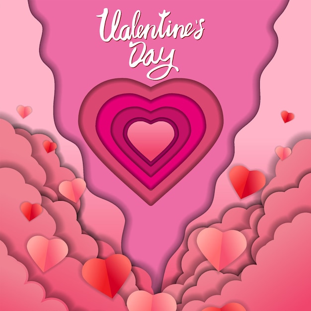 Vector happy valentines day paper cut craft design banner red pink hearts and clouds background template