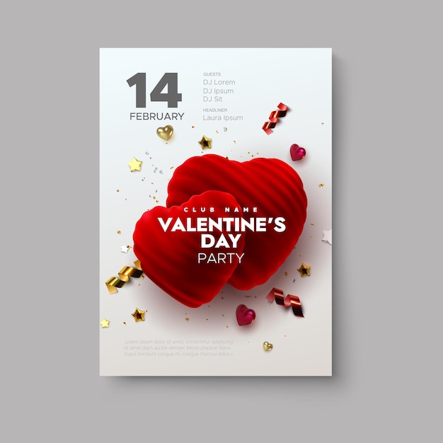 Happy Valentines Day Party flyer of Couple of velvet hearts with sparkling confetti glitters