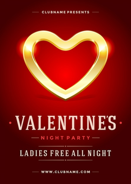 Happy valentines day party poster or flyer template vector illustration and shiny heart shape