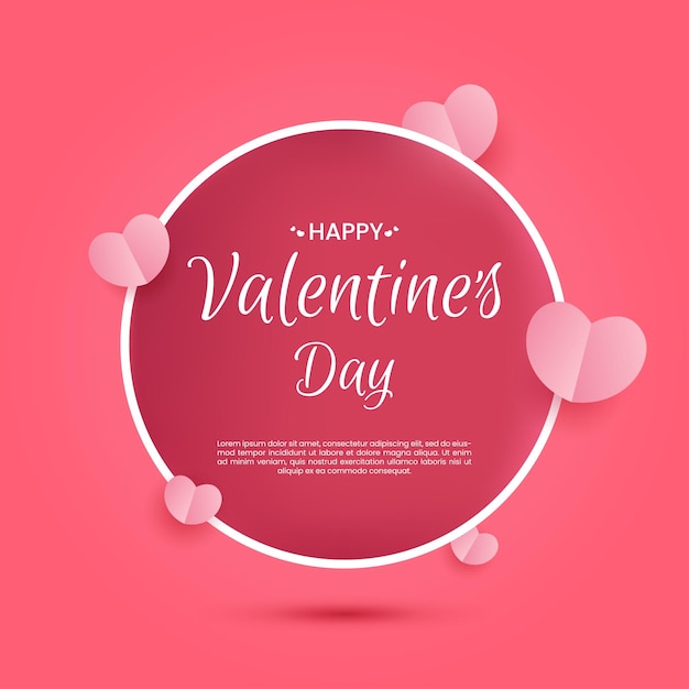 Happy Valentines day pink background Heart elements with floating pink circle frame Paper cut style