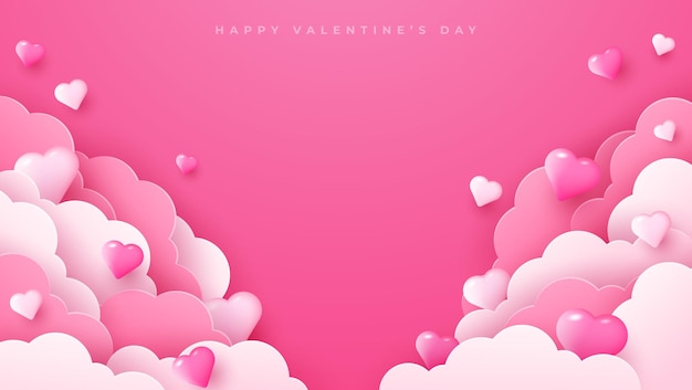 Vector happy valentines day pink clouds with beautiful pink hearts frame on pink background