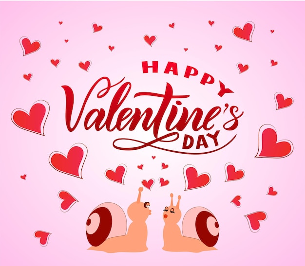 Happy Valentines day on ponk background with hearts. Modern calligraphic lettering. Isolated. Black color. As template for inscription of banner, print, greeting card, poster