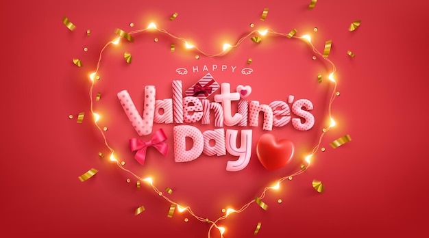 Vettore buon san valentino poster o banner di carattere carino a forma di cuore con cornice di luci a led