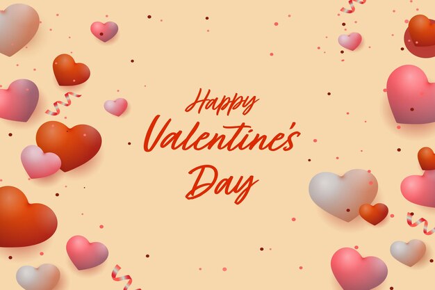 Happy Valentines Day Poster or Greeting Card Design with 3D Render Glossy Colorful Heart Shapes on Light Yellow Background