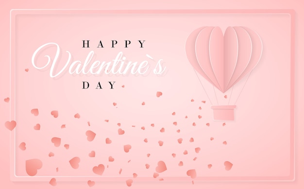 Happy valentines day retro invitation card template with origami paper hot air balloon in heart shape. pink background