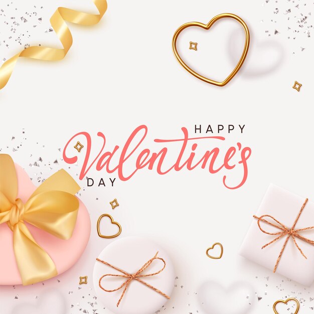 Happy Valentines Day. Romantic background design with realistic white gifts box in shape of heart. Bright shiny confetti, metal golden heart. Holiday poster, banner, greeting card. vector illustration