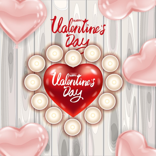 Happy Valentines Day rood hart vorm glanzende ballon realistische belettering achtergrond houten tafel