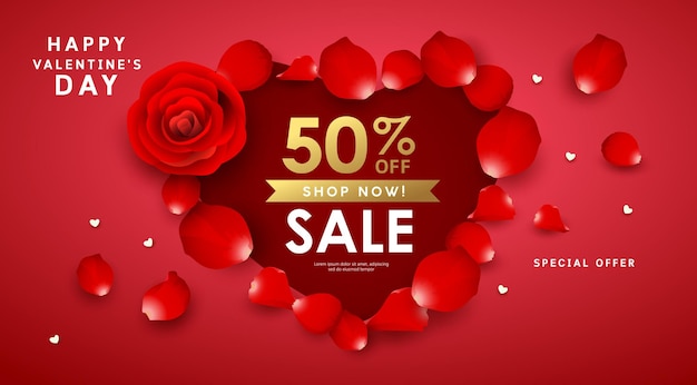 Vector happy valentines day rose petals sale design on red background vector illustration