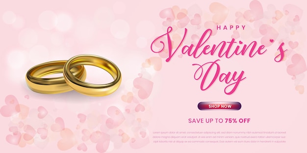 Happy valentines day sale horizontal banner vector with realistic wedding ring