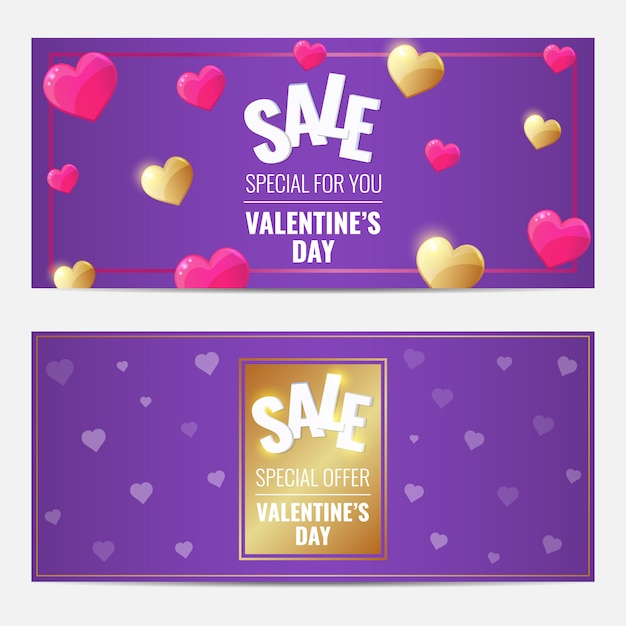 Happy Valentines Day sale purple gorizontal set of banners with golden and pink hearts.