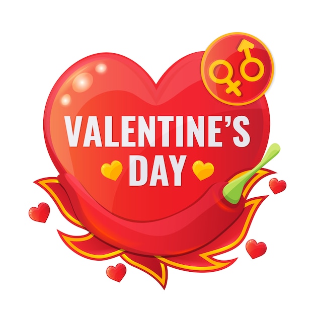 칠리 페 퍼, 불꽃의 혀 및 다른 섹스의 상징으로 심장의 모양에 해피 발렌타인 데이 판매 빨간색 배너.