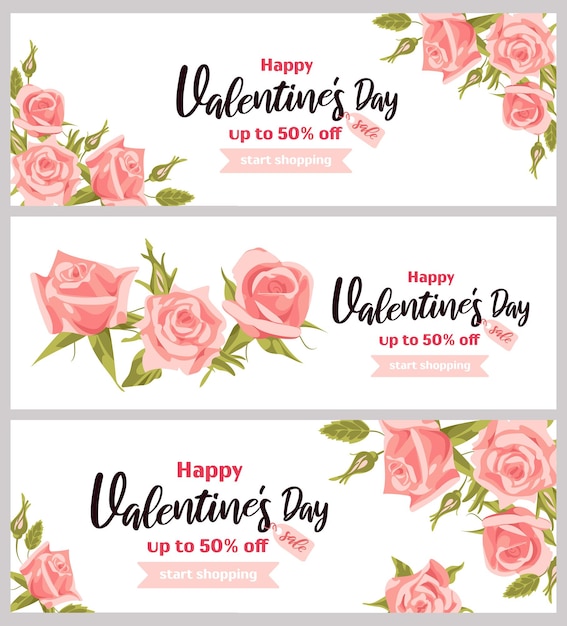 Buon san valentino vendita impostare banner orizzontale con eleganti elementi floreali rose rosa realistiche