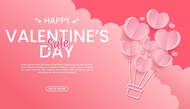 Happy Valentines Day sale with pink heart balloon paper cut style on pink background