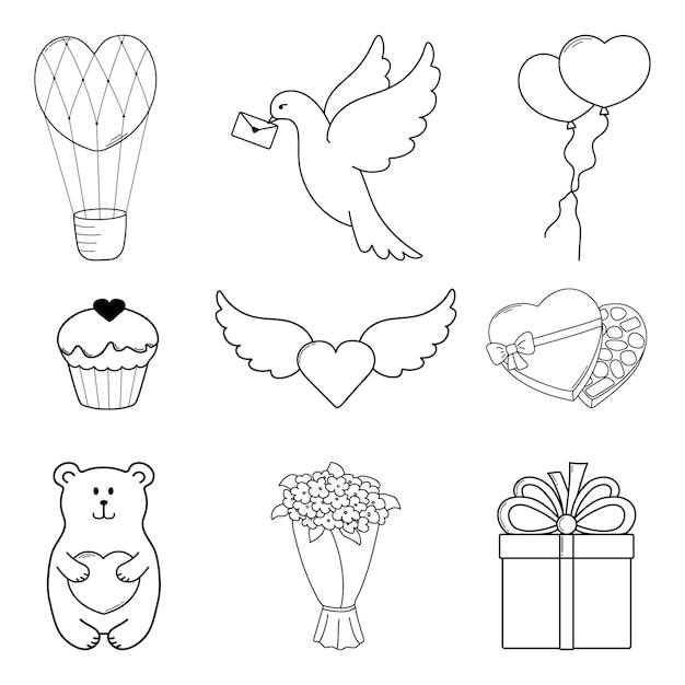 Happy Valentines Day Set of 9 nice hand drawn doodle elements