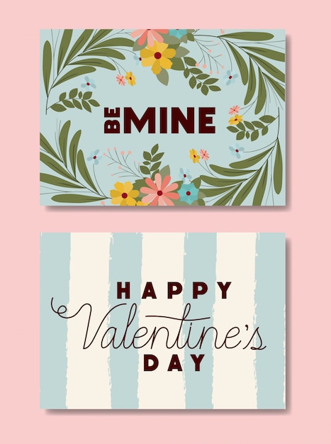 Happy valentines set di carte con decorazioni floreali