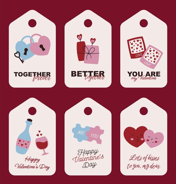 happy valentines day set of gift tags with wishes for love and flat illustrations